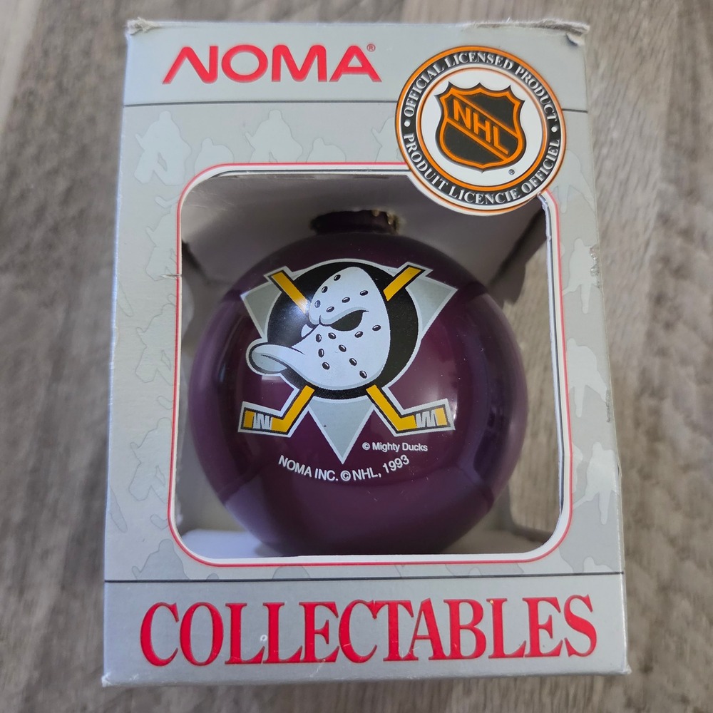Vintage 1993 Noma NHL Mighty Ducks of Anaheim Glass Ball Ornament Purple